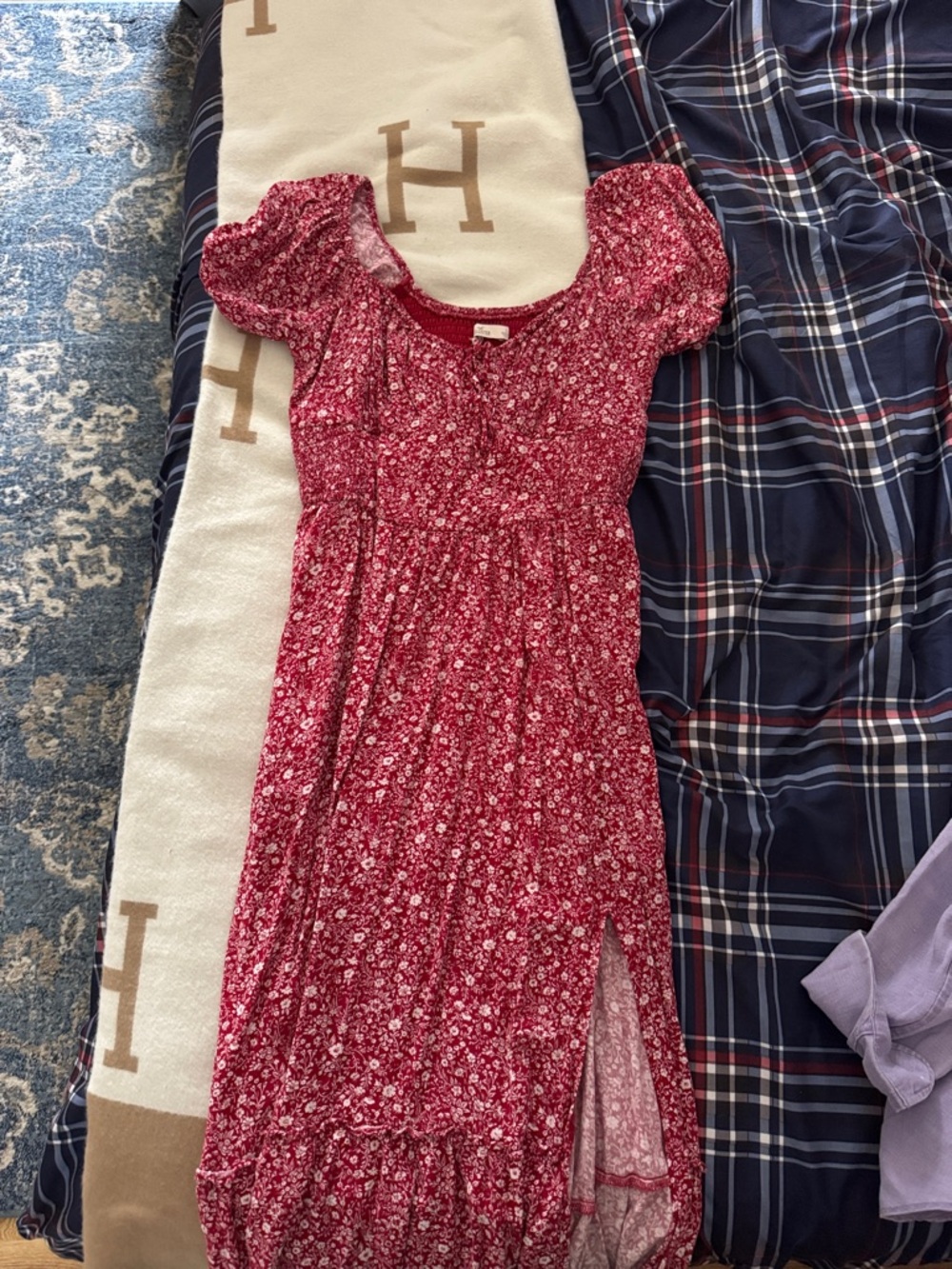 Hollister Sofia Side Smocked Red Floral Maxi Dress with slit (Size L)